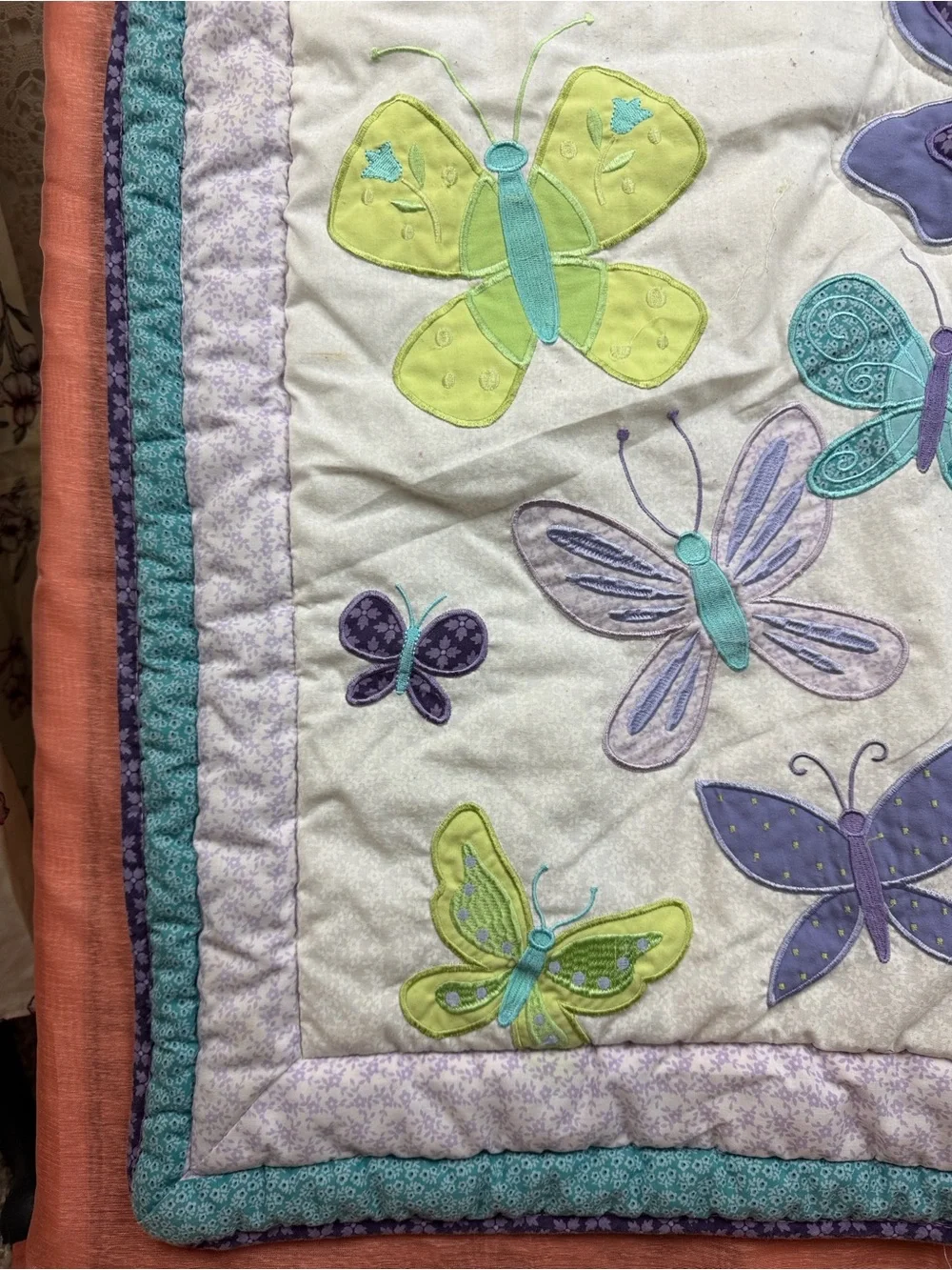 NoJo Butterfly Baby Quilt Purple  🦋 Appliqué Blanket Crafts VTG  embroidered